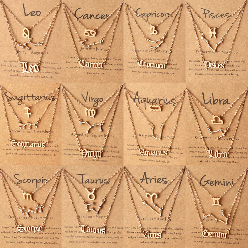 

3Pcs/Set Zodiac Sign Necklace Inlay Zircon 12 Constellation Aries Gemini Leo Scorpio Virgo Choker Necklace for Women Men Jewelry
