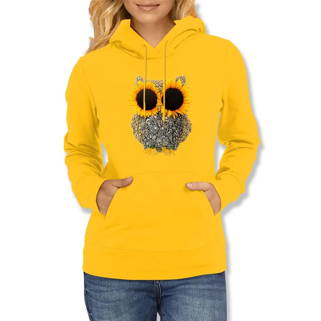 

Women Fashion Solid Color Printing Drawstring Hood Long Sleeves Sweater Tops