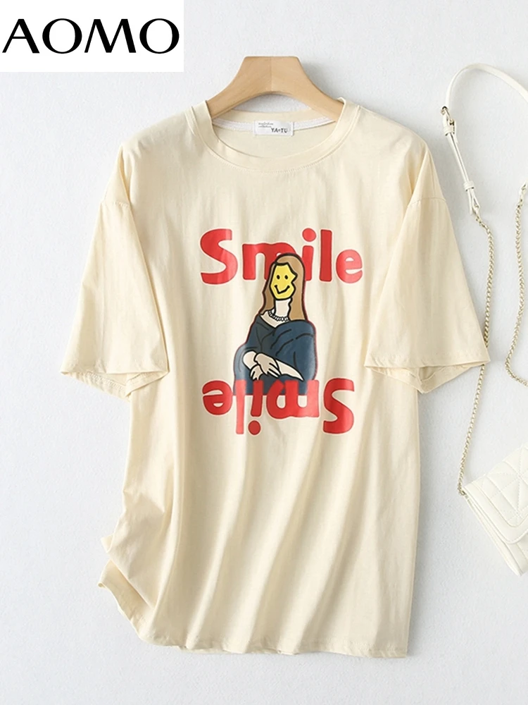 

AOMO 2022 Women Funny Print Cotton T Shirt Short Sleeve O Neck Tees Ladies Oversized Top YU38A