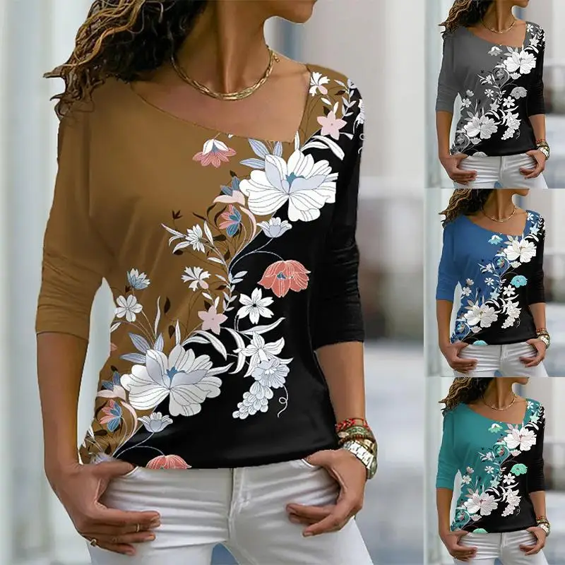 

Ladies 2022 Fashion New Summer Gradient Oblique V-Neck Casual Plus Size Loose T-Shirt