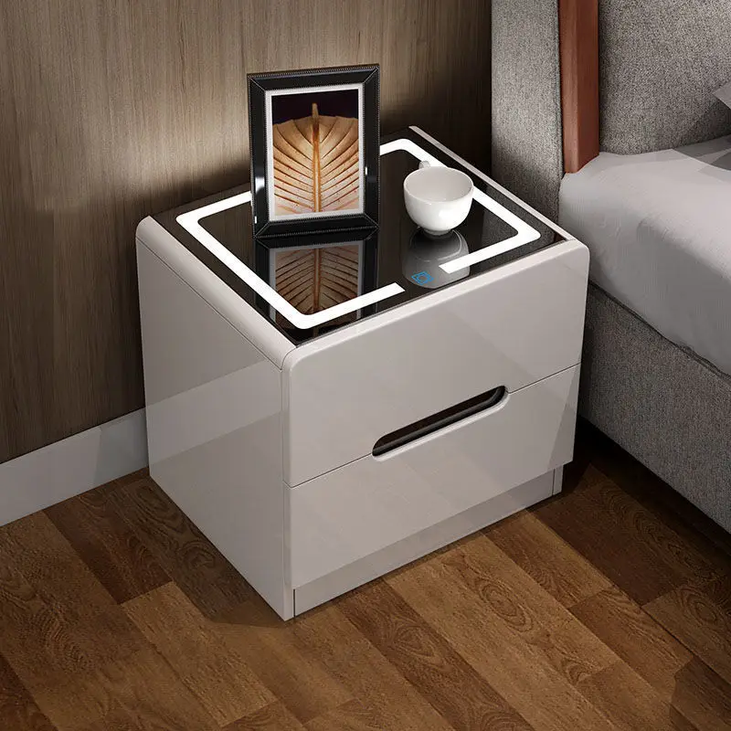 

Smart Bedside Table with Lamp Light Luxury Modern Minimalist Bedroom Bedside Cabinet White Paint Simple Multi-functional Locker