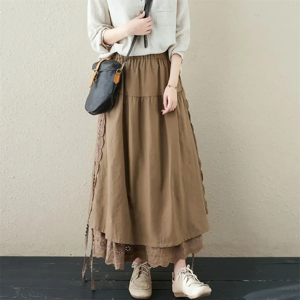 Женские летние японские кружевные льняные юбки с вышивкой Mori Girl винтажные