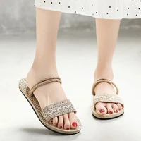 summer new fashion simple flat shoes imitation straw woven trend womens flip flops outside the beach casual sandals and slipp
