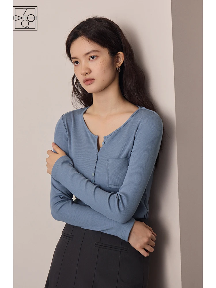 

ZIQIAO Long Sleeved Commuter Half Open Neck Knitted T-shirt For Women's 2023 Autumn New Versatile Blue Women Tops Office Lady