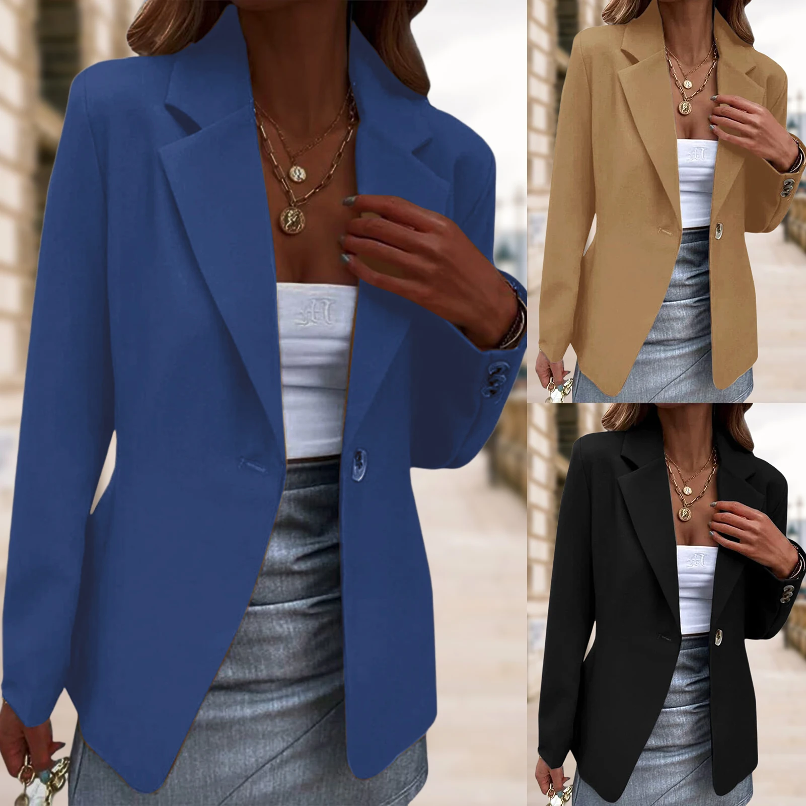 

Женский базовый Блейзер на одной пуговице, модная повседневная весенне-осенняя Женская куртка, однотонные элегантные стильные пальто с длинным рукавом