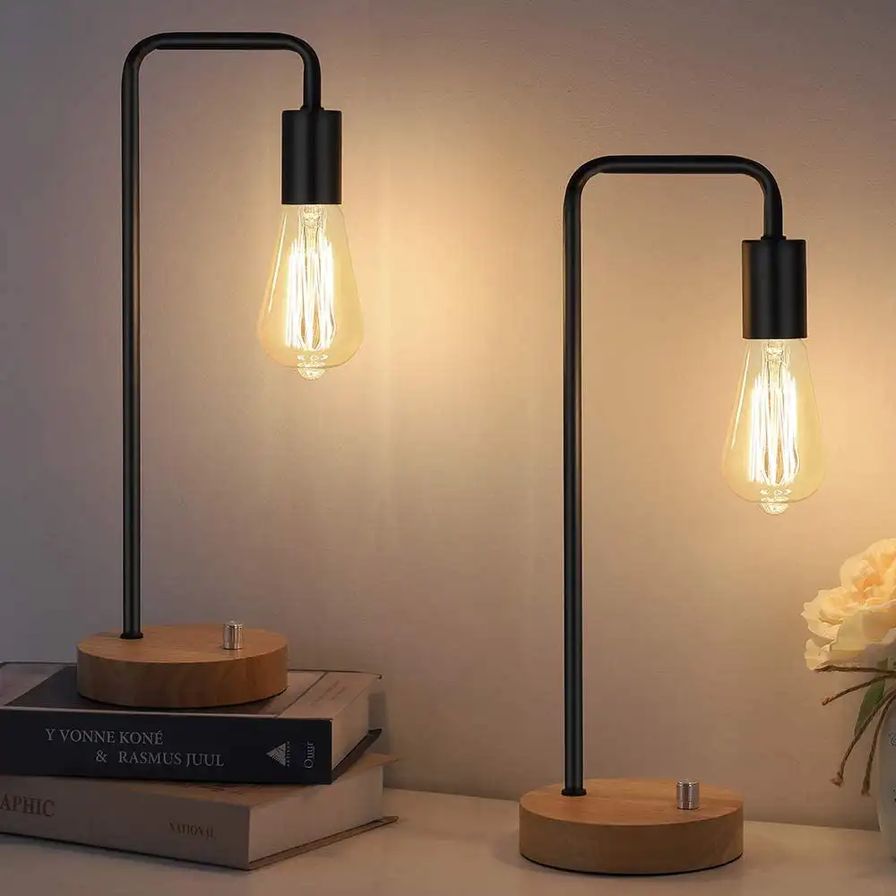 

Black Lamp Set of 2 Vintage Bedroom Lamp with Wood Brown Base by