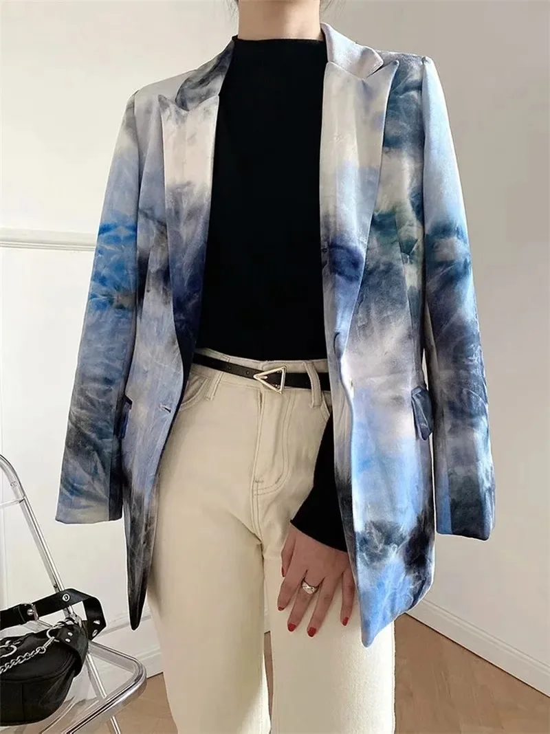 2021 Tie-dye Velvet Mid Length Blazer Suit Women Fashion Print Single Button Blazer Coats Casual Loose Commute Formal Clothing