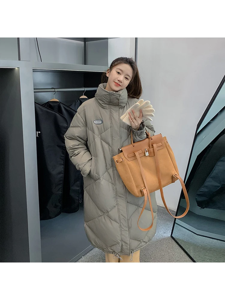 

Модная Корейская зимняя куртка, женская верхняя одежда, длинные парки, Женская пуховая куртка с воротником-стойкой и ромбовидным узором, толстая теплая куртка оверсайз