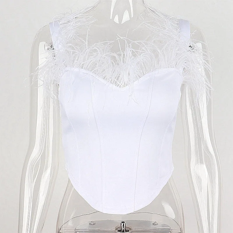 Женский укороченный топ-корсет цвет белый с перьями летний для вечевечерние