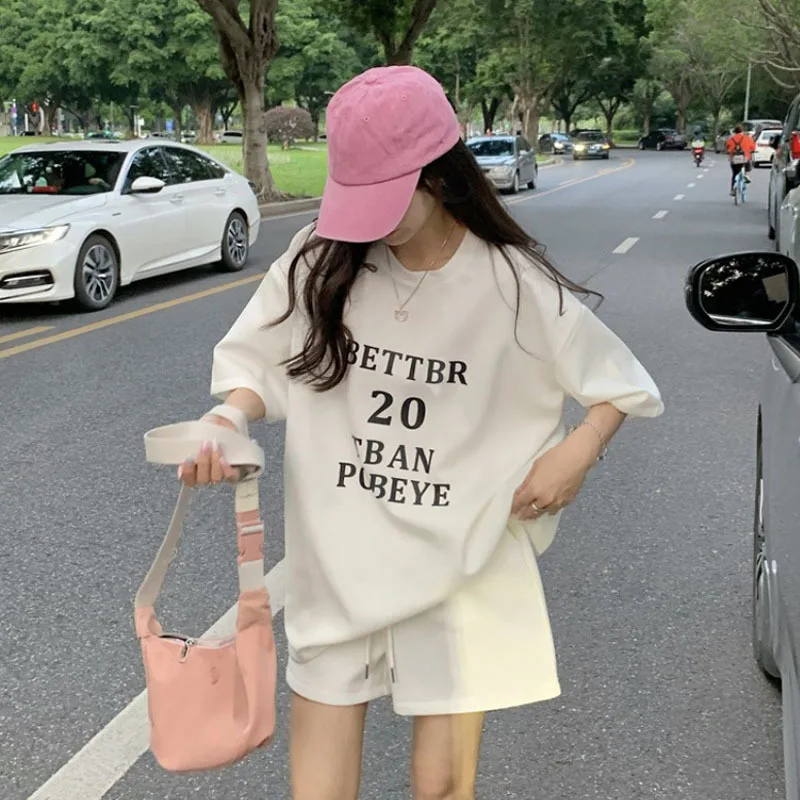 

Повседневные спортивные костюмы, женские летние короткие футболки, топы, шорты с широкими штанинами, модные комплекты из двух предметов для бега, женская одежда