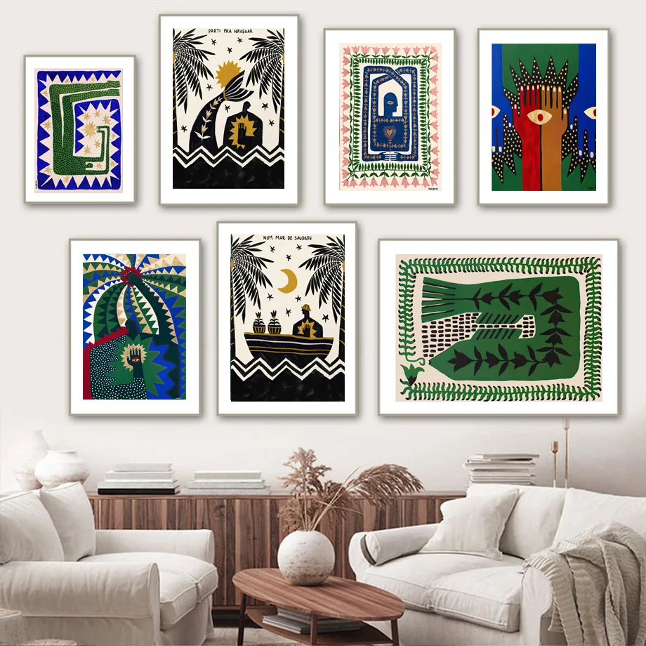 

Wall Art Print Canvas Painting Ancient Egypt Colorful Abstract Nordic Poster Figure Fish Boat Palm Decor Picture For Living Room