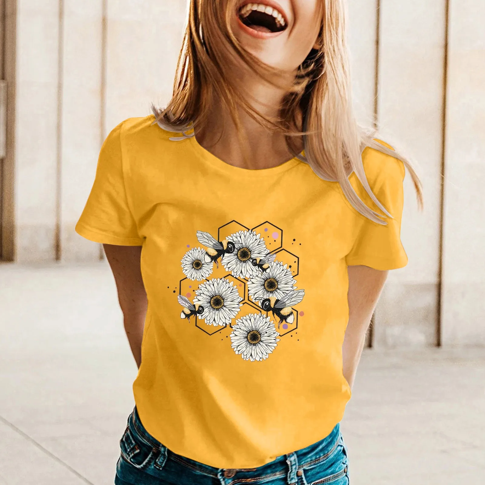 

Женская футболка с круглым вырезом с коротким рукавом и принтом пчелы на весну и лето, летняя Свободная Повседневная футболка для тренировок