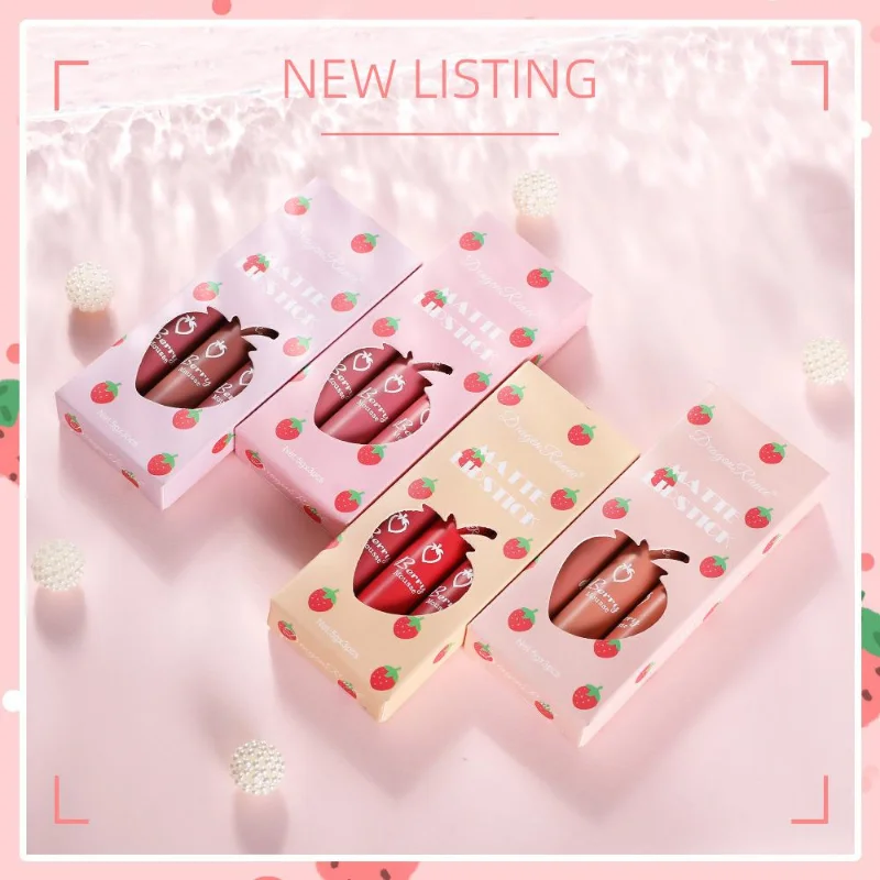 

3 Pcs Strawberry Lipstick Set Box Velvet Matte Lip Glaze Lipstick Lip Gloss Female Non-stick Cup Cute Set