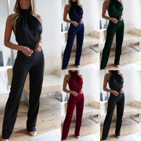 summer womens jumpsuit fashion solid color sleeveless halter neck backless rompers