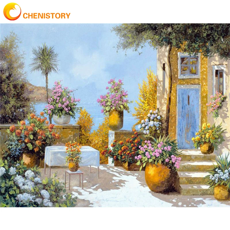 

CHENISTORY Oil Painting By Numbers DIY House Landscape On Canvas HandPaint Adults Kits With Frame Picture By Number Home Decor