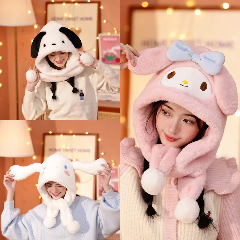 

Sanrio Plush Ear Protection Hat Winter Cartoon Cute Kuromi Mymelody Female Comfortable Warm Thick Plush Hat Student Scarf Hat