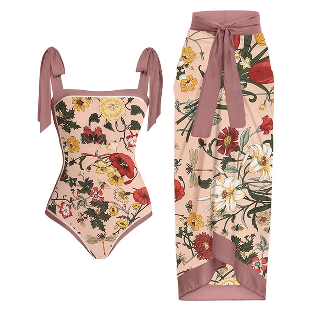 

2023 Vintage Women Flora Print Bikini Sets Swimsuit & Skirt Sexy One Piece Swimwear Female Cover Up Beach Bathing Suit