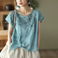 chic summer t shirt causal embroidery short sleeve shirt chinese style elegant traditional tees vintage breathable comfort tops