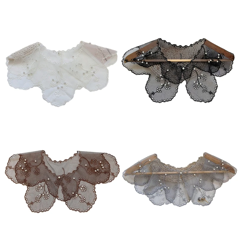 

L5YA Embroidery False Collar With Pearl Hollow Out Trim Neckline Detachable Collar