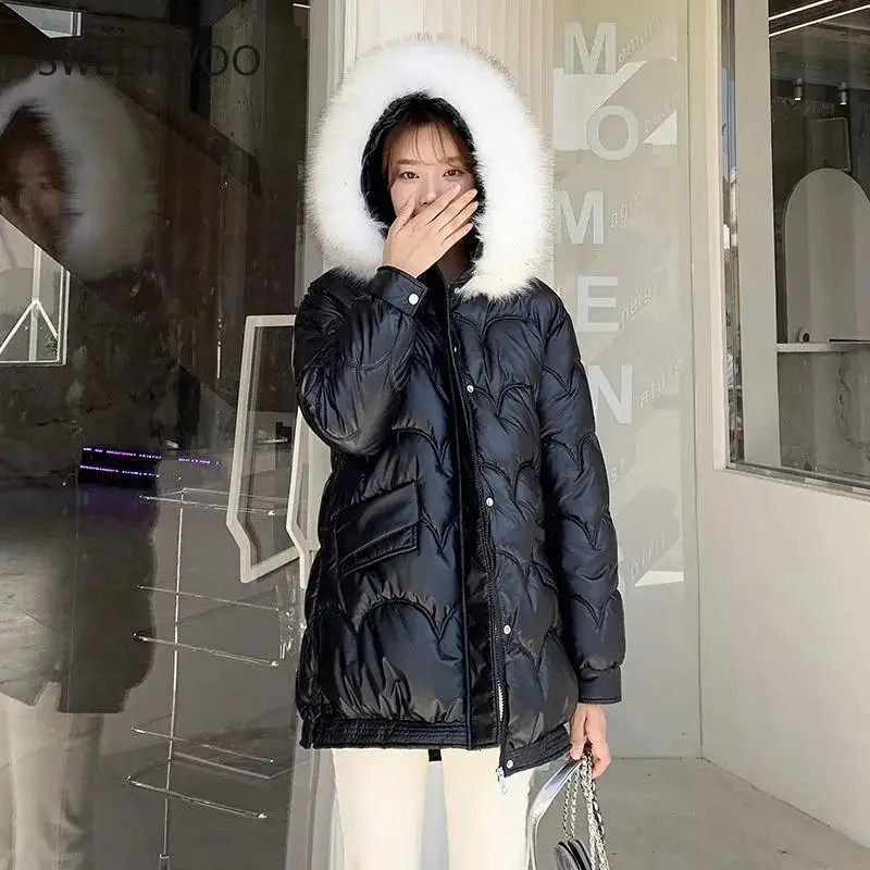 2022 New Winter Jacket Women Coats Parkas Glossy Fur Collar Hooded Overcoat Thick Warm Female Long Cotton Padded Parka Jackets