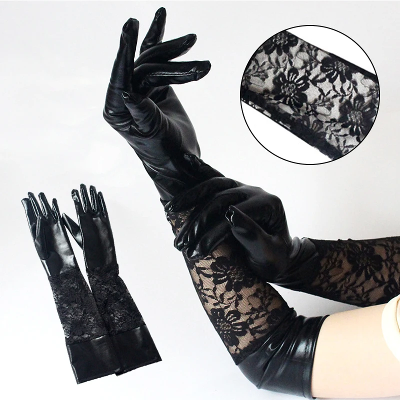 

Black 1 Pairs Sexy Lace Leather Long Gloves Performance Party Gloves Patent Leather Spliced Lace Floral Full Finger Mittens