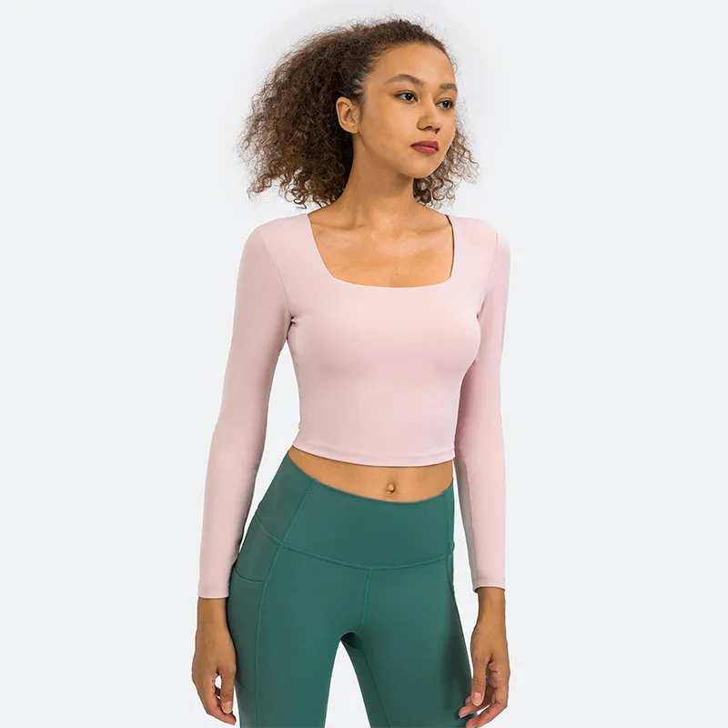 Solid Color Women Long Sleeve Yoga Shirt Sport Top Fitness Comprehensive Training Breathable U-neck Half Long Sleeves Chest Pad