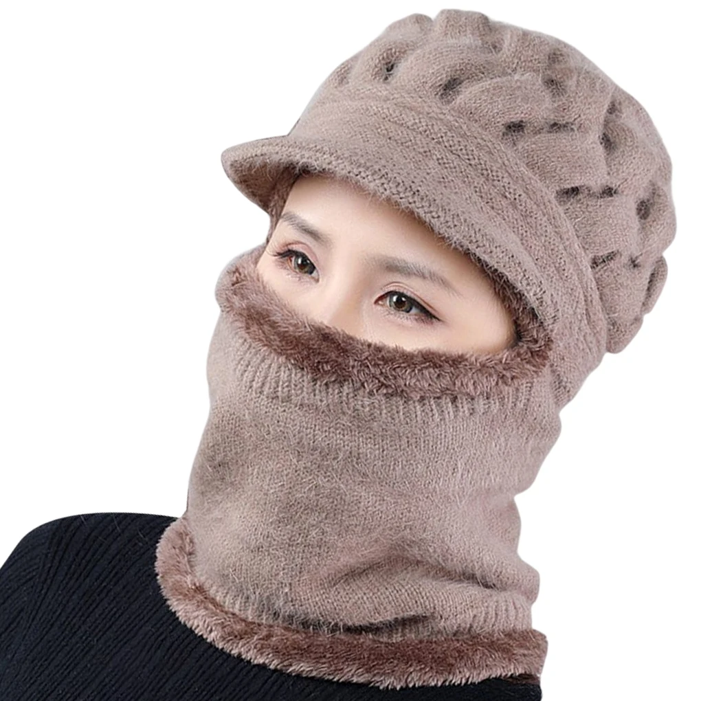 

Зимний вязаный комплект из шапки и шарфа с флисовой подкладкой, ветрозащитная Толстая теплая Шейная накидка для лица среднего возраста, шап...