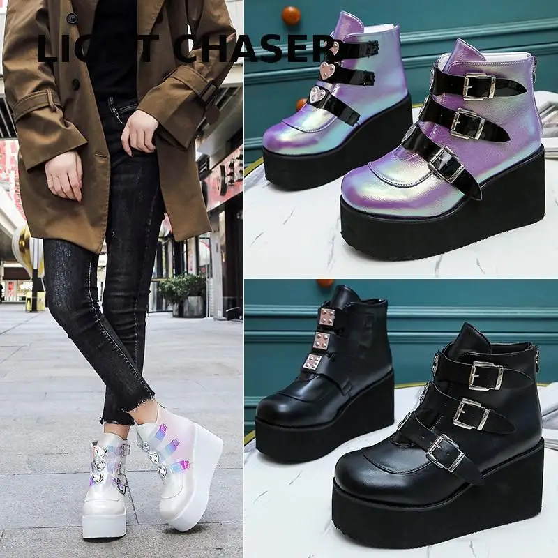 New Botas Women Motorcycle Ankle Boots Wedges Female Lace Up Platforms Spring Black Leather Oxford Shoes Women Botas Mujer 43