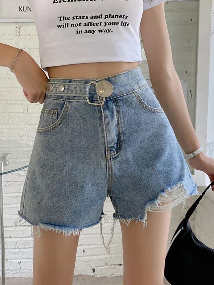Streetwear Women Loose Hole Frayed High Waist Blue Denim Shorts Spring Summer Female Raw Hem Jeans Shorts Bottoms