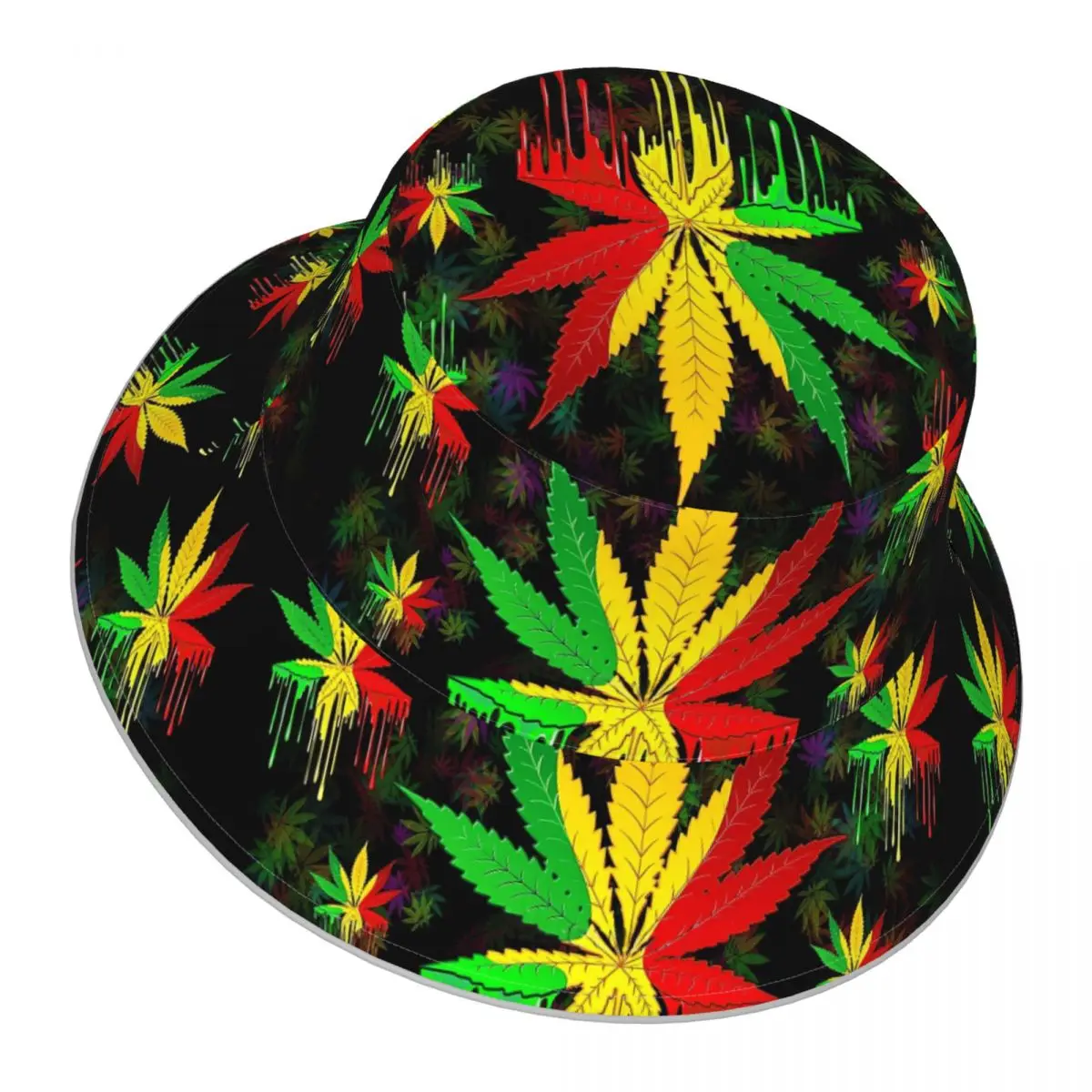 Marijuana Leaf Rasta Colors Dripping Paint reflective Bucket Hat Men Women Bucket Hat Outdoor Sunscreen Beach Hat  Fishing Cap