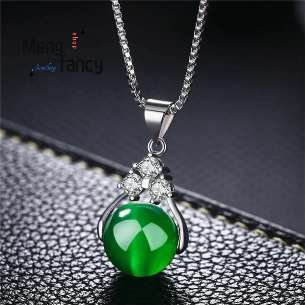 925 Silver Natural Green Jade Chalcedony Round Agate Pendant Amulets Mascots Fine Jewelry Women Gift Luxury Customized Necklace