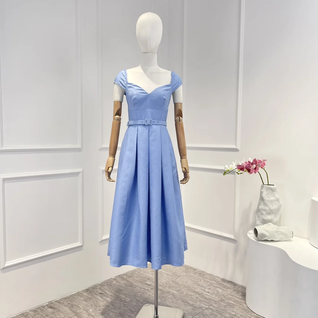 

2023 Fashion Pleated Heart Neck Sky Blue Capped Sleeve Hem Belted Waist Midi Dress Summer for Women