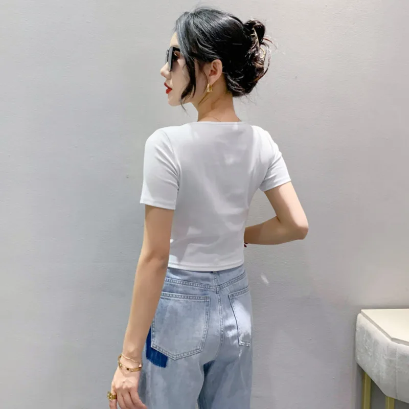 #5552 футболка с коротким рукавом женская сексуальная клубная Футболка со стразами