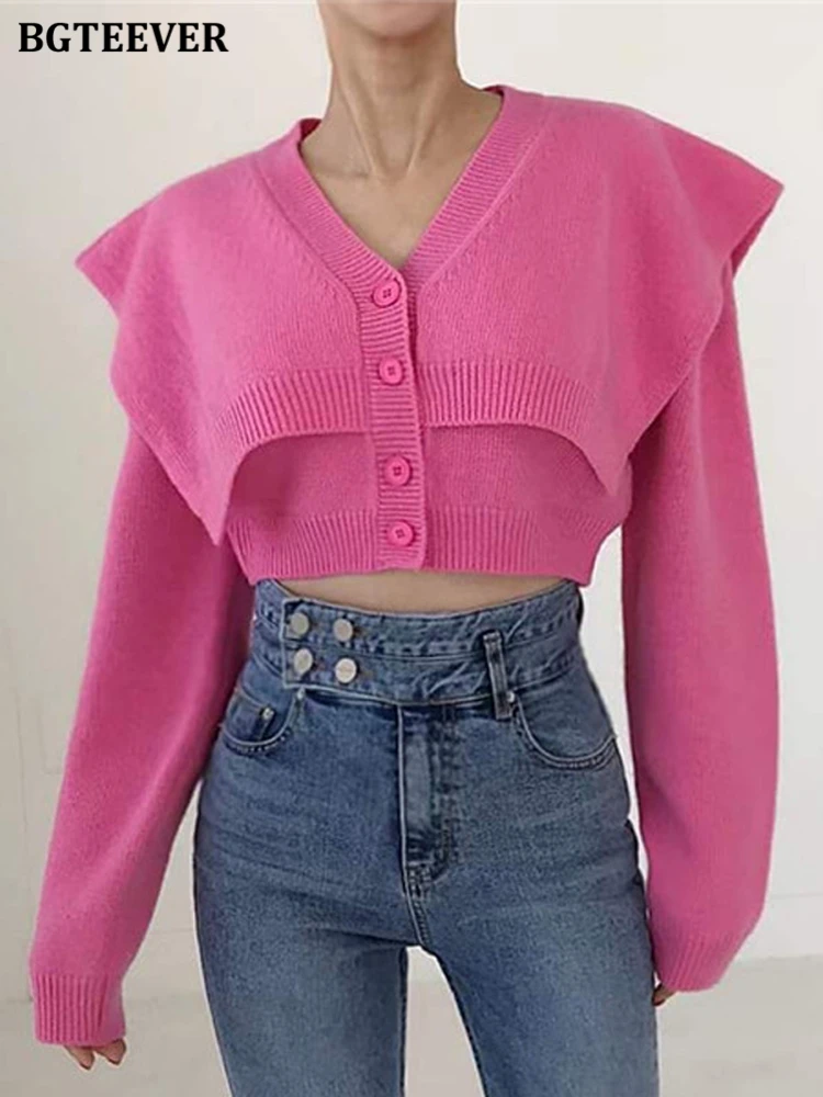 

Модный теплый однобортный женский вязаный кардиган BGTEEVER с V-образным вырезом, Осень-зима, длинный рукав, двухслойный свитер с открытым стежком