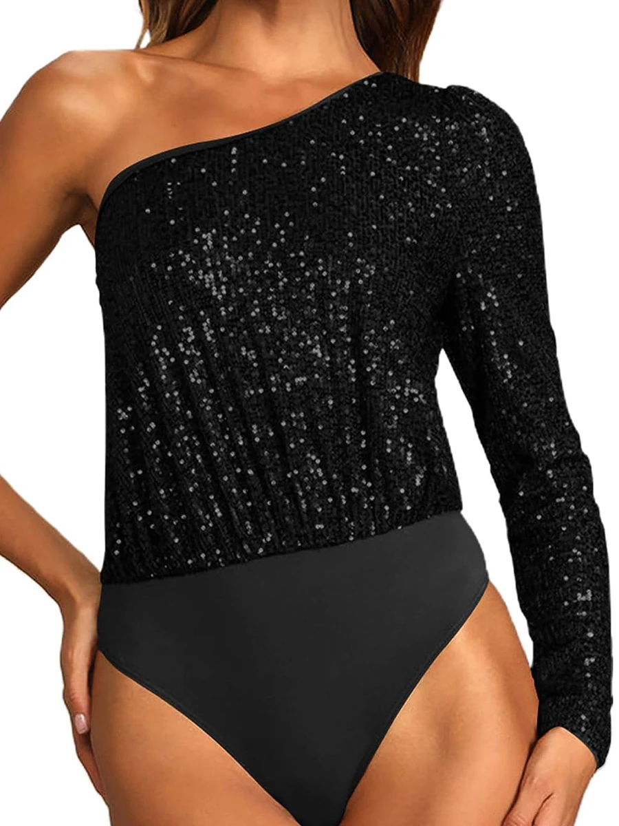 

Women s Glitter Sequins Bodysuit Y2k Fashion Long Sleeve Solid Tops Jumpsuits Fit Slim Sparkly T-Shirts Rompers