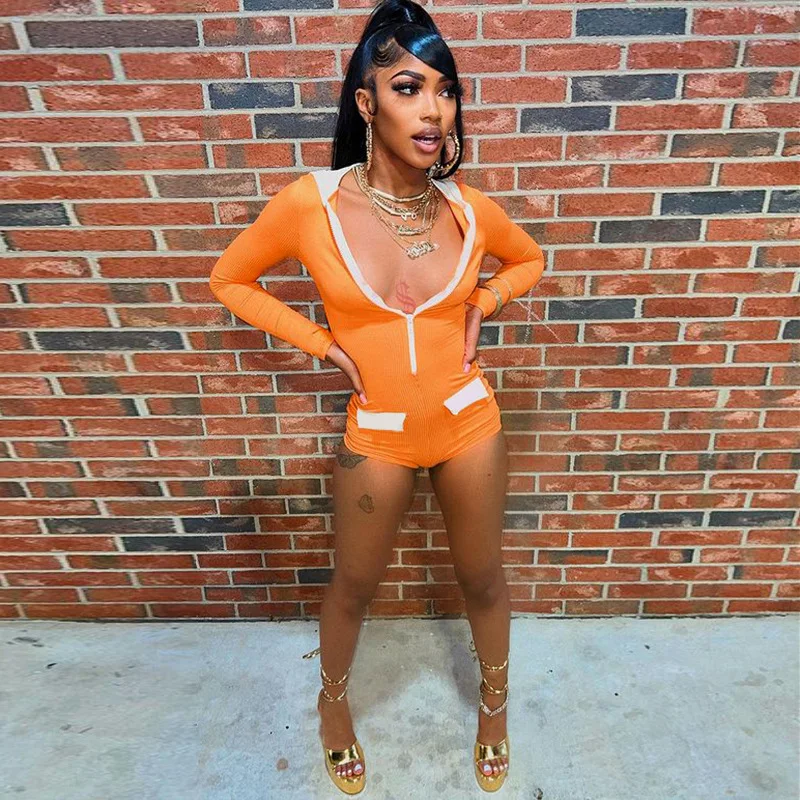 

Fall Ribbed Hoodies Jumpsuit Zipper Long Sleeve Orange Rompers Women 2022 Bodysuits One-Pieces Sexy Short Skinny Pants Overalls