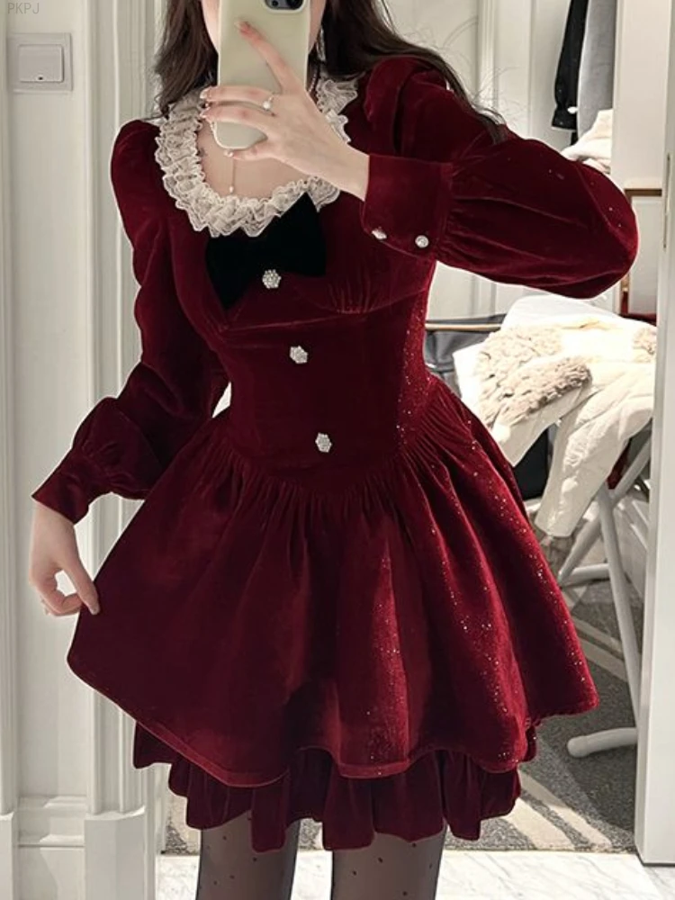 

Red Winter Warm Kawaii Christmas Dress Women Lace France Vintage Party Mini Dress Female Square Collar Elegant Sweet Dress 2024