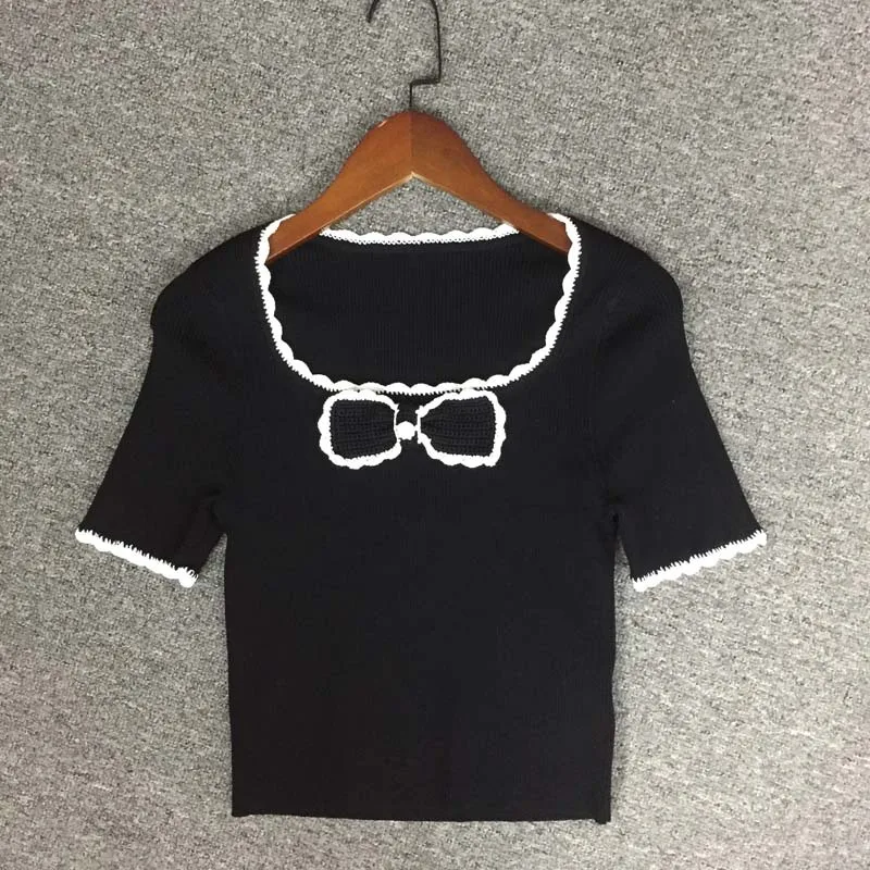 

Crochet Hem Bow Knitted Top Women Sweater Short Sleeve Slim Fit Lovely French Look Pull Femme Jersey Mujer Summer Spring