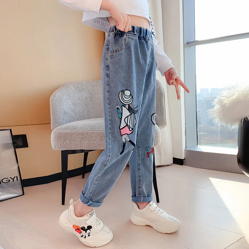 

High Waist Baggy Jeans Girls Fashion Comfy Casual Straight Leg Loose Pants Kids Jeans Washed Children Pencil Trousers New 3-14 Y