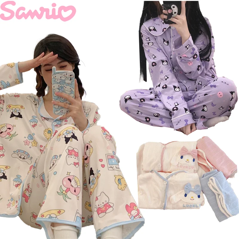 

2PCS Sanrio Hello Kitty Kuromi Cinnamoroll Pompompurin Autumn Women's Pajamas Long-sleeved Trousers Loungewear Cardigan Pijama