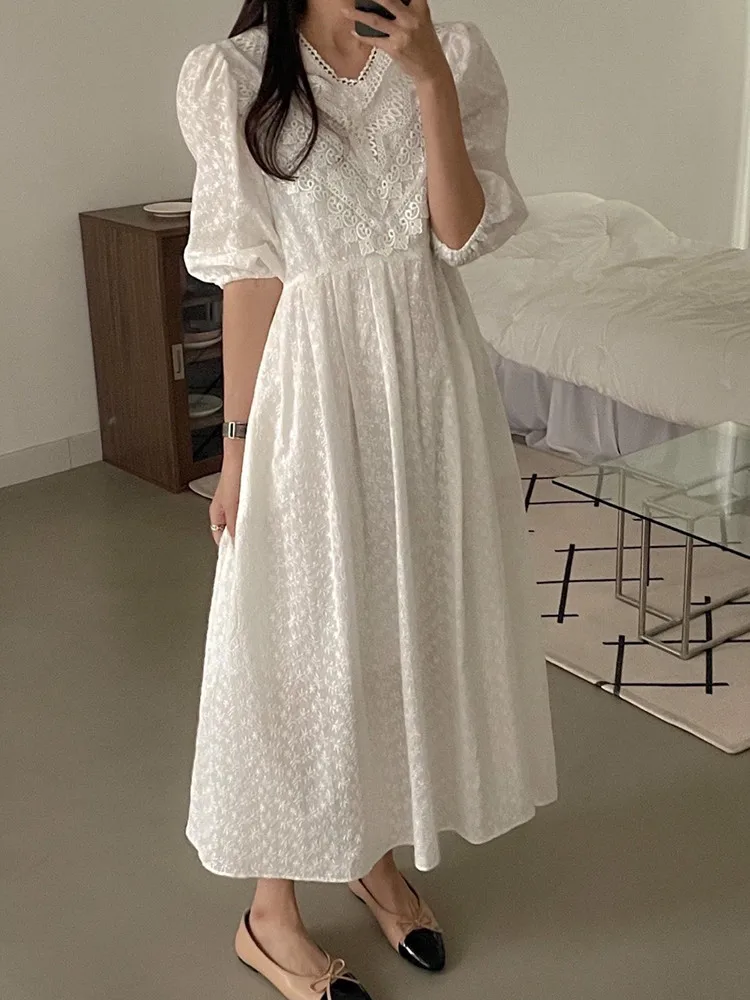 

SMTHMA Korean Chic French Style Sexy V-Neck Embroidery Summer Dress Women Puff Sleeve Lace Hollow Out Dresses Vestidos