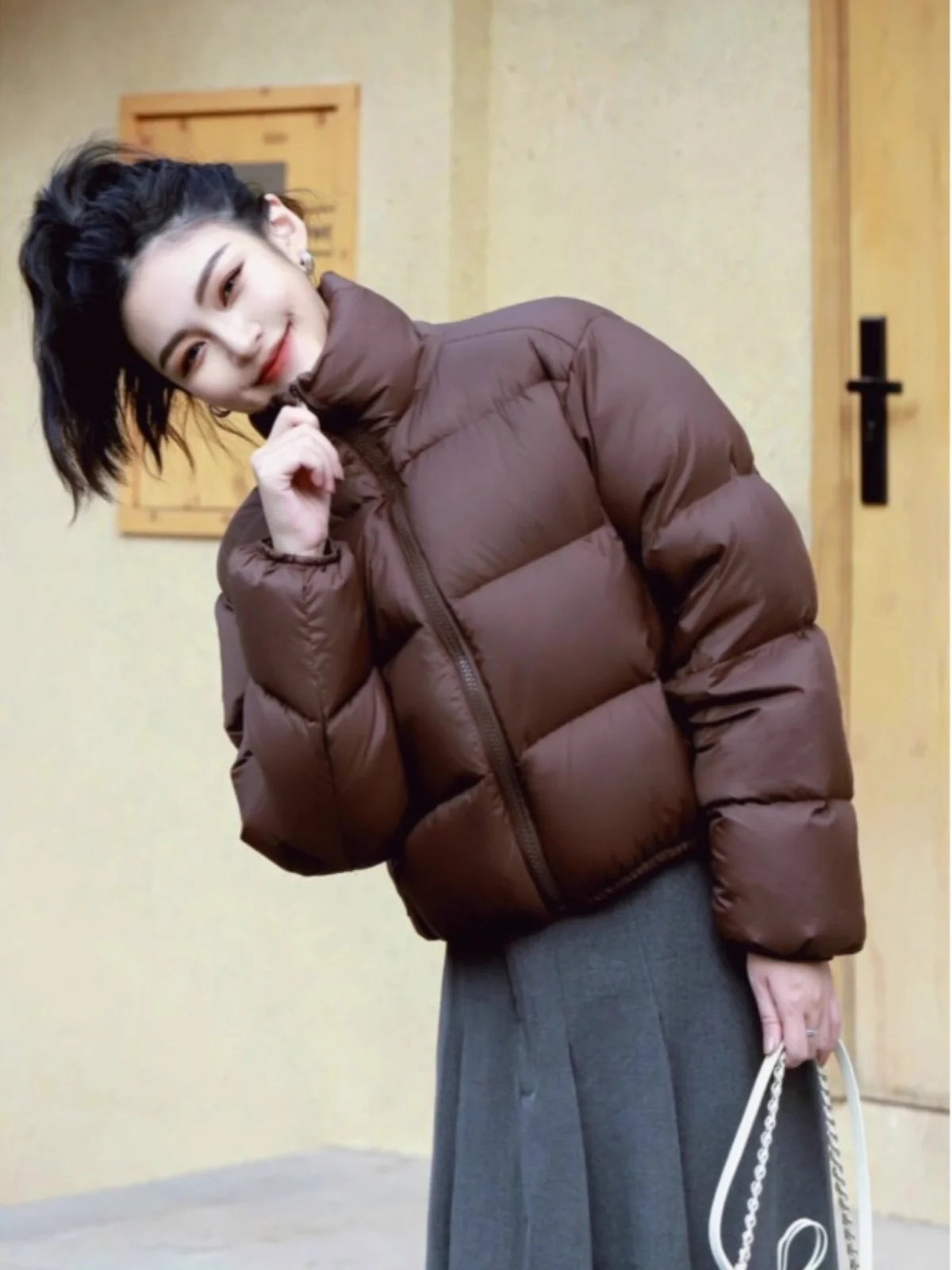 Coffee Color Stand Collar Short Down jacket Women Winter 2023 New Kendall Sle Small Man White Duck Down down Coat Outerwear