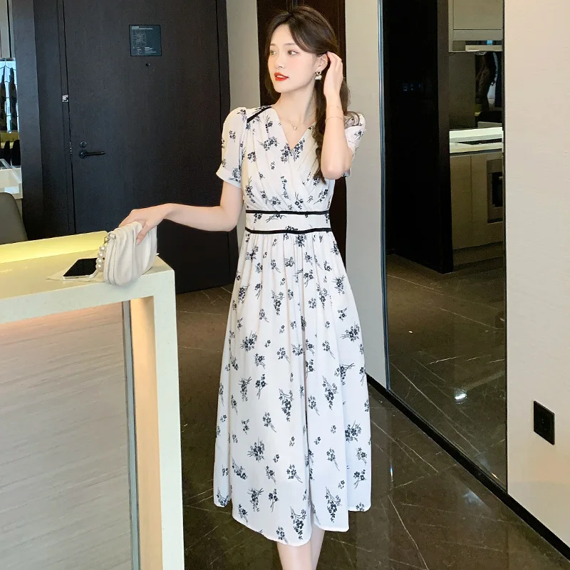 

French retro chiffon floral dress summer women's new V-neck short-sleeved fashion skirt