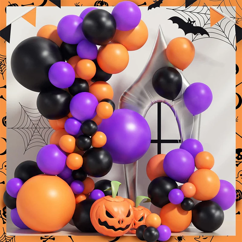 

125 шт., воздушный шар для Хэллоуина, гирлянда, арка, комплект, черный, фиолетовый, оранжевый, латексный баллон, набор для детей, декор для вечеринки в честь Дня Рождения, поставки