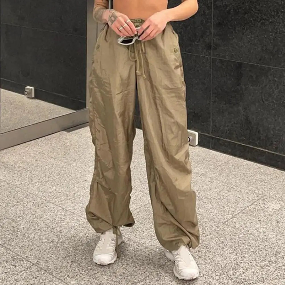 

Banded Cargo Pants Women Elastic Waist Drawstring High-Waist Multi Pockets Wide Leg Baggy Weaving Slacks Sweatpants Streetwear
