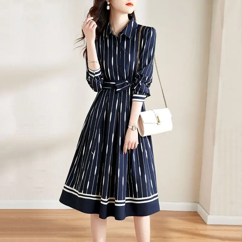 

Elegant Commute Turn-down Collar Striped Print Dress Office Lady All-match Fashion Waist Dresses Spring Women's Clothing New