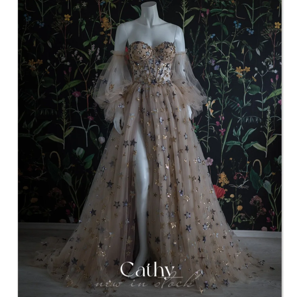 

Cathy Princess فساتين السهرة Sexy Off Shoulder A-line Prom Dress Puffy Sleeve Party Dresses Champagne Star Vestidos De Noche