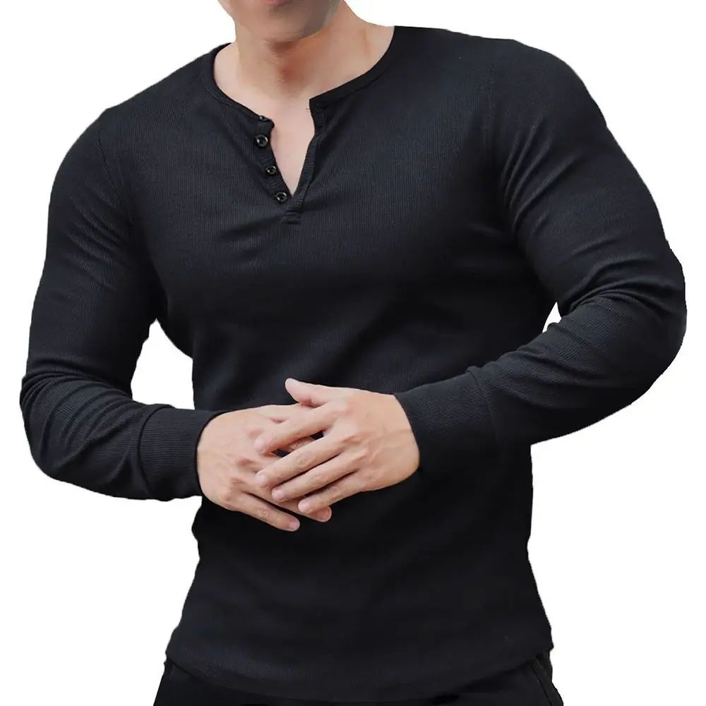 

2020 Autumn sports long-sleeved men's outdoor fitness henley shirt cotton henley collar t-shirt American training tights