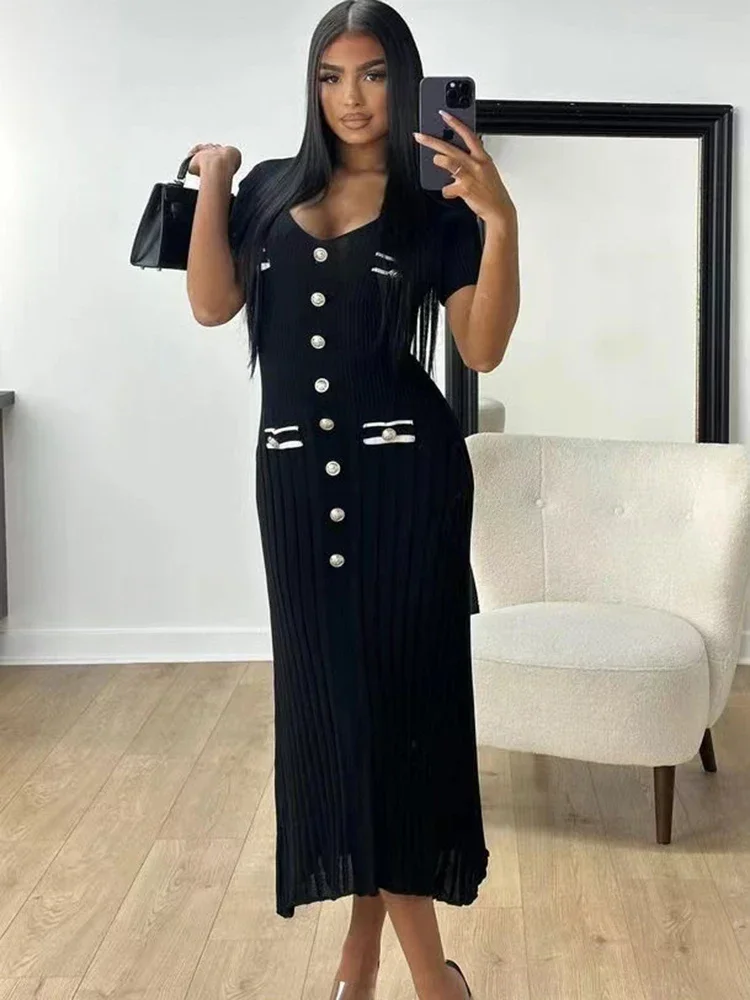 Офисное женское элегантное вязаное длинное платье летнее однобортное