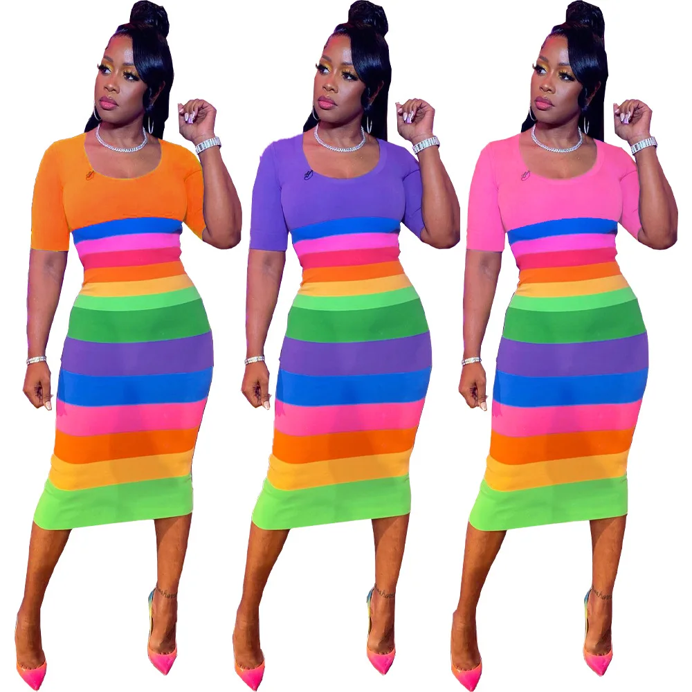 

2022 Summer Fashion Round Neck Short Sleeve Rainbow Stripe Printed Pencil Dress